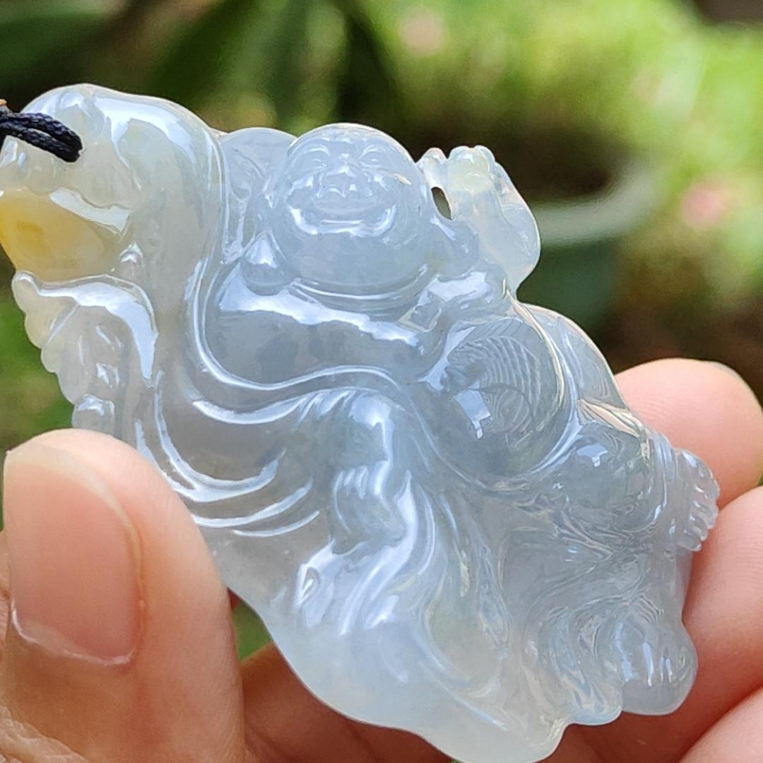 High Premium Light Lavender and Yellow Natural Type A Jadeite Jade crafted with Milo Buddha as Pendant, certificate weighs 49.13 grams, measurement 58.6 * 39.5 * 18.7 mm (pendant284)