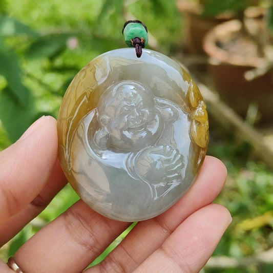 Collectible Yellow with light green Natural Type A Jadeite Jade Pendant Necklace crafted as Milo Buddha, certificate included weigh 38.28 grams, measurement 48.7 * 42.8 * 11 mm (pendant184)