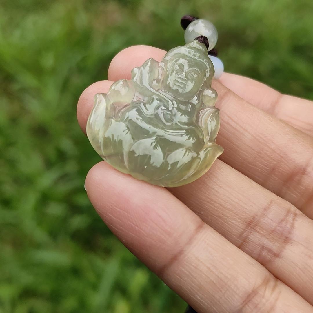 Icy Yellow Natural Type A Jadeite Pendant Necklace crafted as Baby Guanyin seating on Lotus, with certificate weigh 4.78 grams, measurement 31.5 * 26 * 4.3 mm (pendant40)