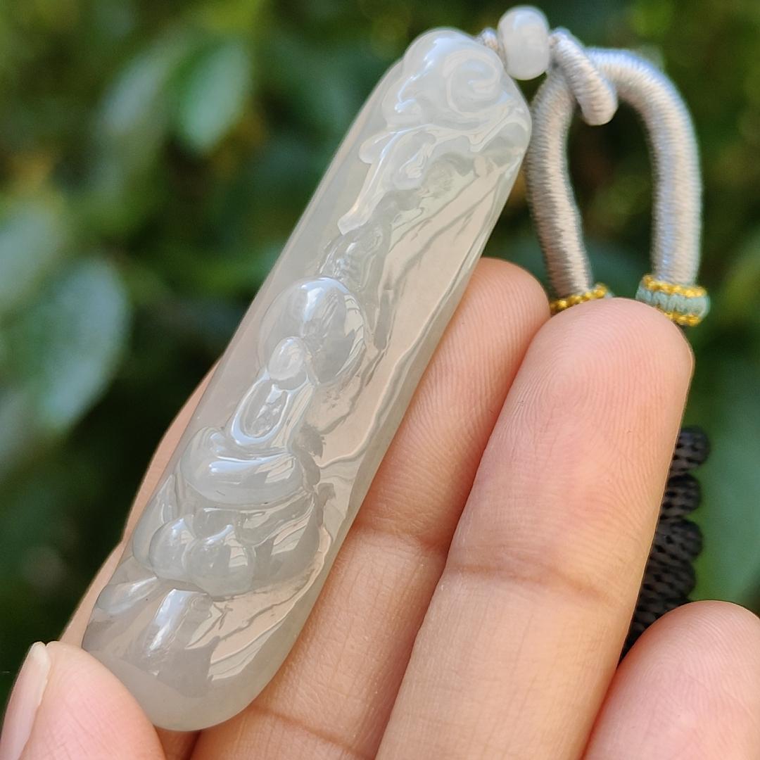 Semi Translucent Icy Natural Type A Jadeite Pendant carved with faceless buddha and lotus meaning Compassion and Wisdom , QIC labs approved certificate included weight 16.56 grams, 55.50 * 16.10 * 8.80 mm, very suitable for daily wear (pendant95)