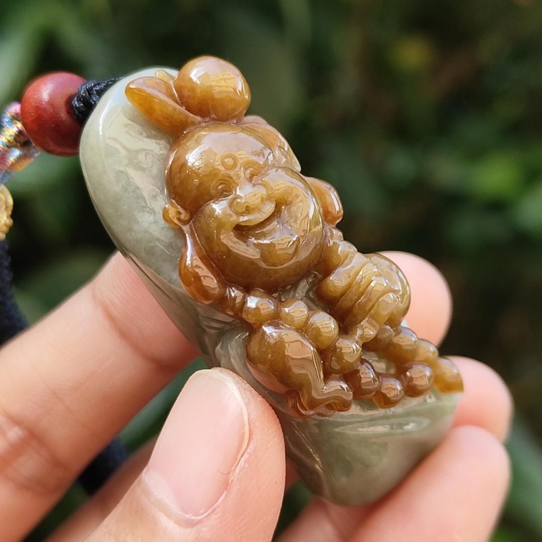 Very Rare Good Quality Reddish Yellow and Light Green Natural Type A Jadeite Jade crafted with Milo Buddha as Pendant with certificate weigh 37.43 grams, measurement 50 * 18.5 * 20.3 mm (pendant235)