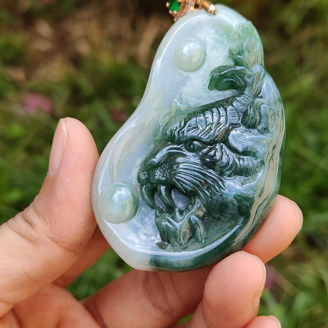 Very Rare Green Tiger Natural Type A Jadeite Pendant with certificate weight 32.24 grams, 62.70 * 41 * 7.60 mm, excellent for the tiger's lover collection for your daily wear (pendant113)