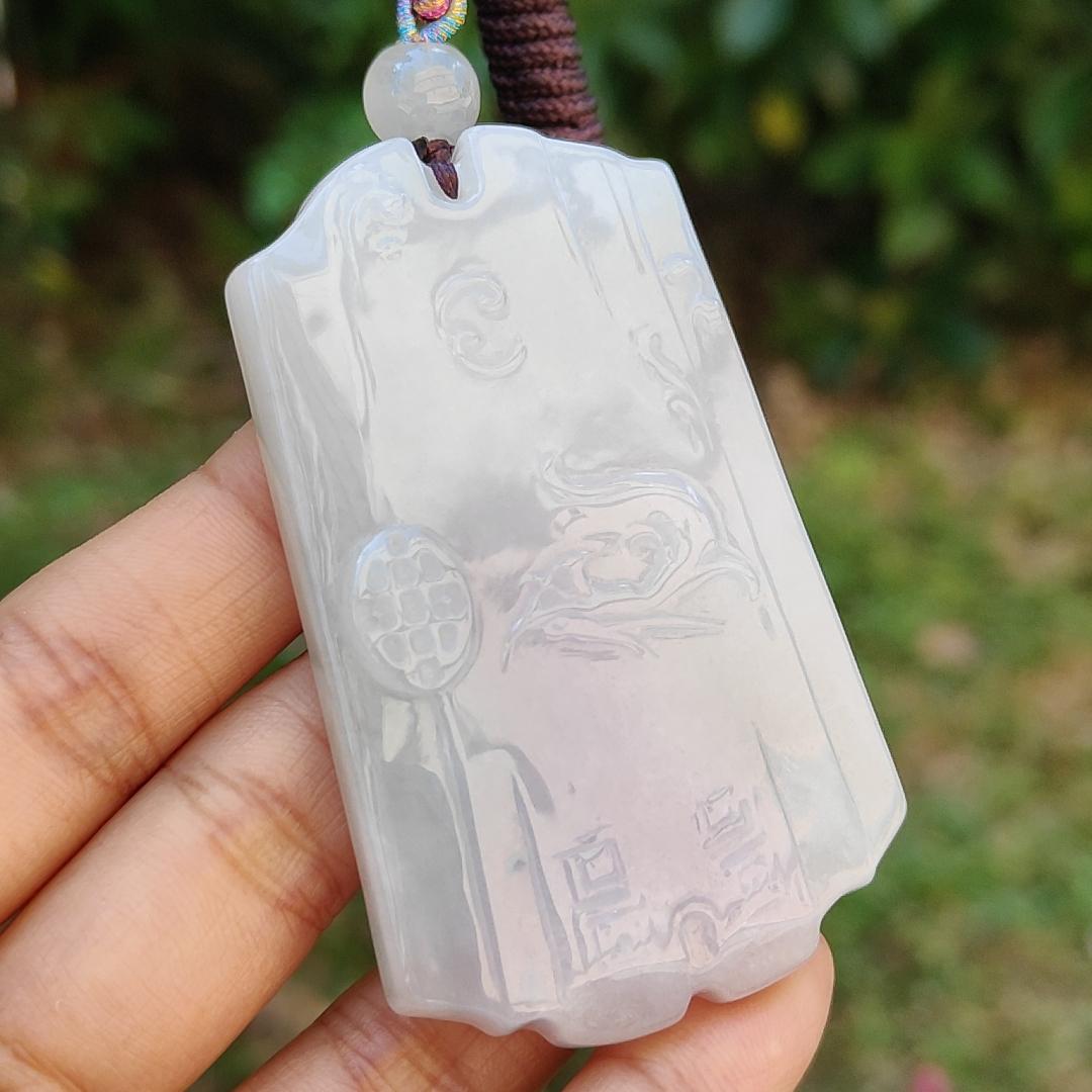 Hugh Light Lavender and Light Green  Natural Type A Jadeite Pendant Necklace crafted as Chinese Old School Style pendant with chinese poem at the back, certificate included weigh 54.38 grams, 66.2 * 39.2 * 8.2 mm, collectible or daily wear (pendant38)