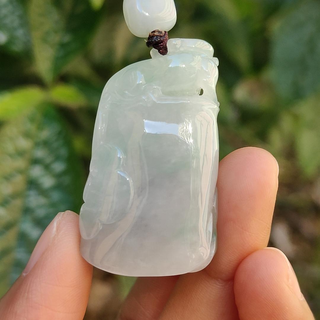 Crafted as Bamboo with Pixiu on it, Light Green patches Natural Type A Jadeite Jade Pendant Necklace with certificate weigh 24.54 grams, measurement 41.3 * 24.6 * 11.7 mm (pendant177)