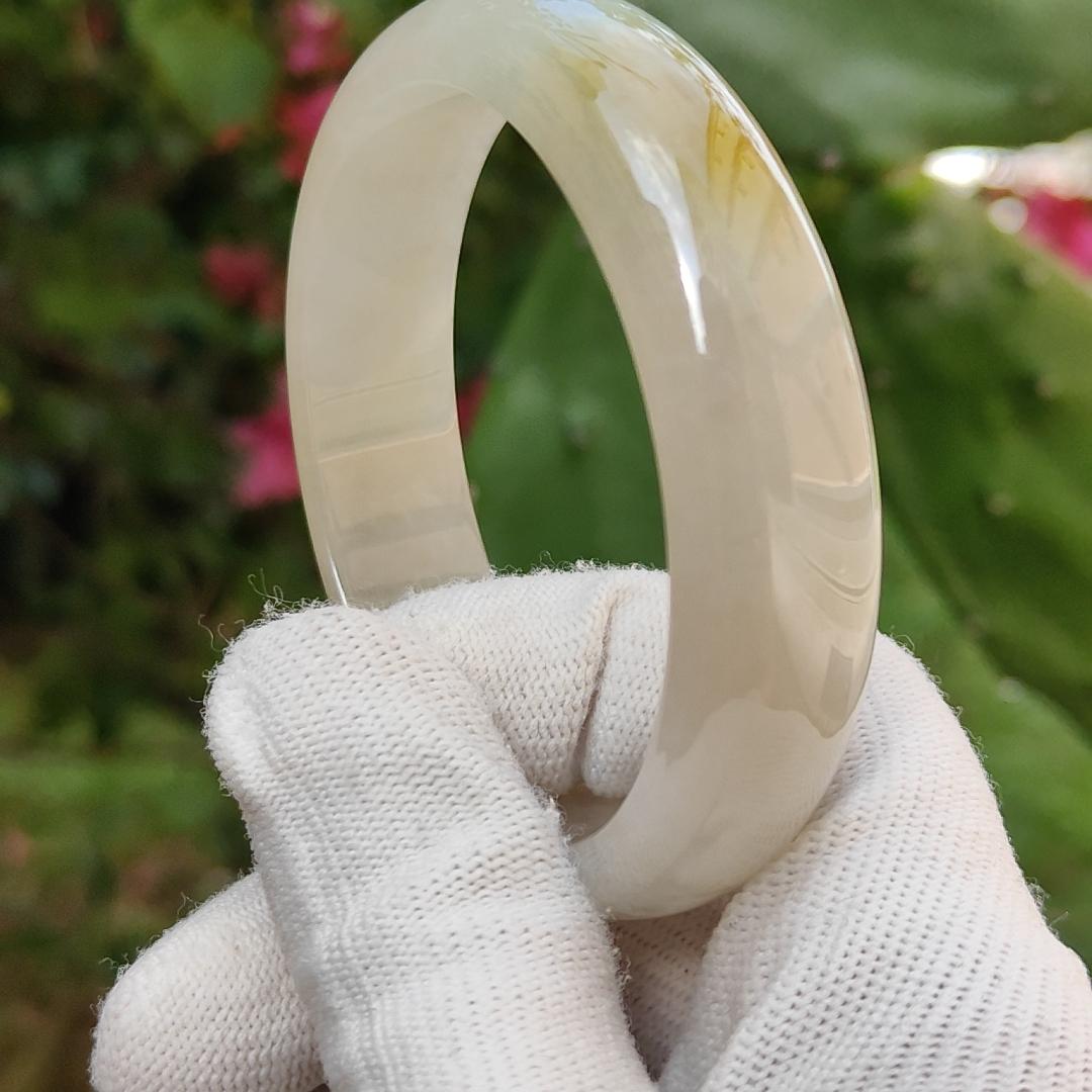 Very Rare Lemon-Yellow Patch Natural Type A Jadeite Jade crafted as Peace Bangle, certificate weighs 58.76 grams, measurement 15.3 * 7.1 * 56.4 mm (bangle9)