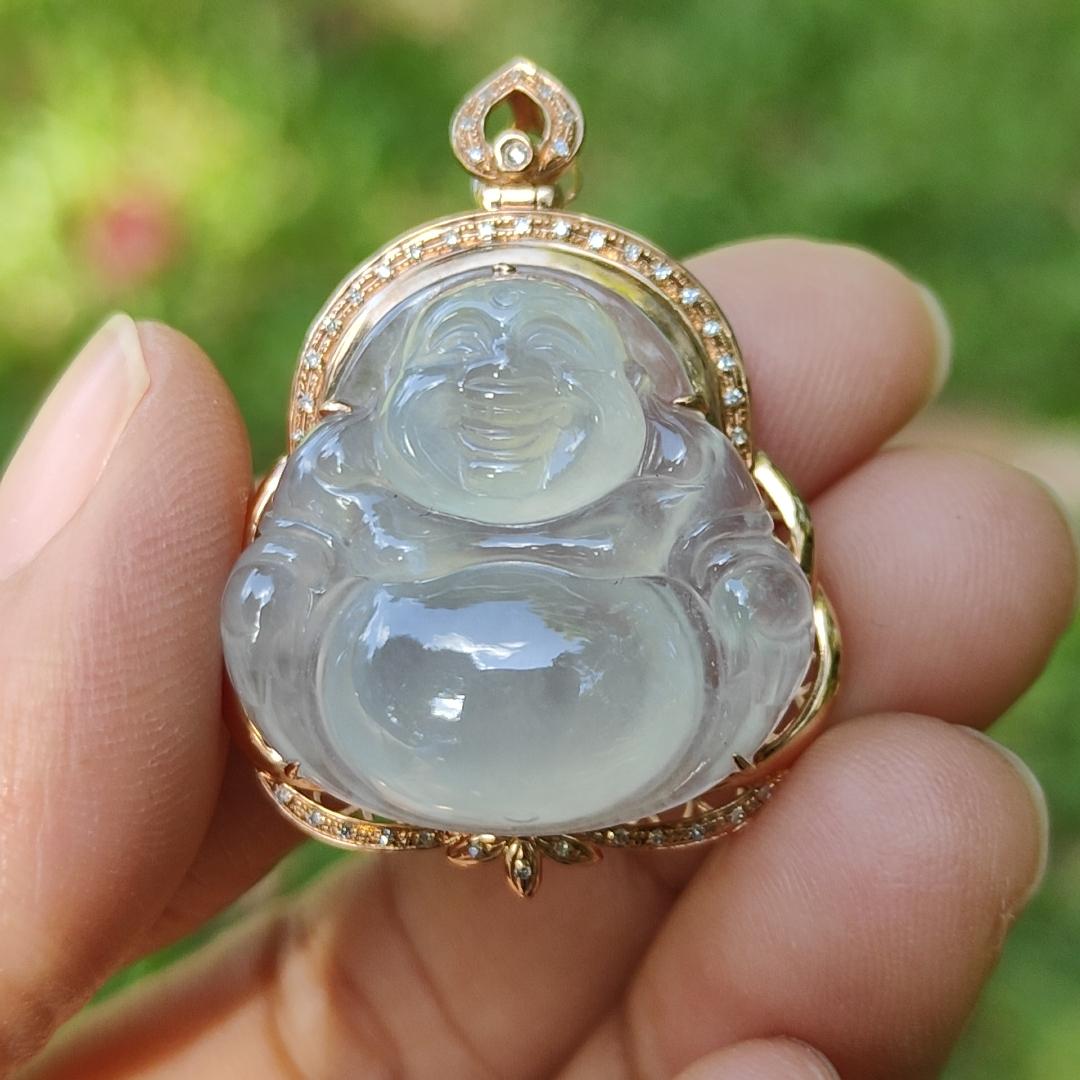 Premium Quality Icy Translucent Natural Type A Jadeite Jade crafted with Milo Buddha Set on 18k Gold as Pendant, certificate weighs 6.48 grams, measurement 34.1 * 26 * 11.6 mm (18kp61)