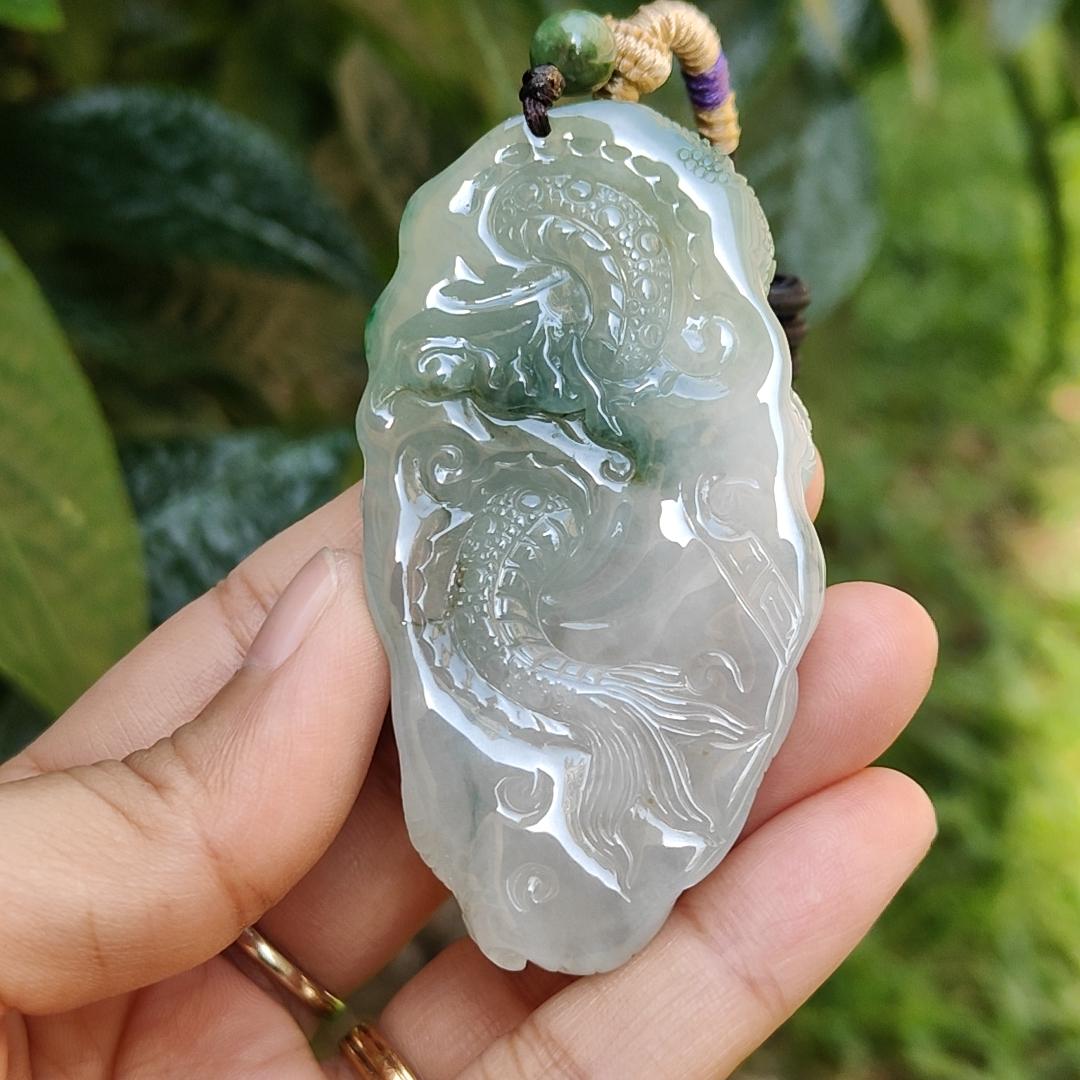 High Quality Premium Collectible Natural Type A Jadeite Jade Pendant Necklace crafted as Dragon with certificate included weigh 59.65 grams, measurement 69.3 * 36.5 * 18.3 mm (pendant186)