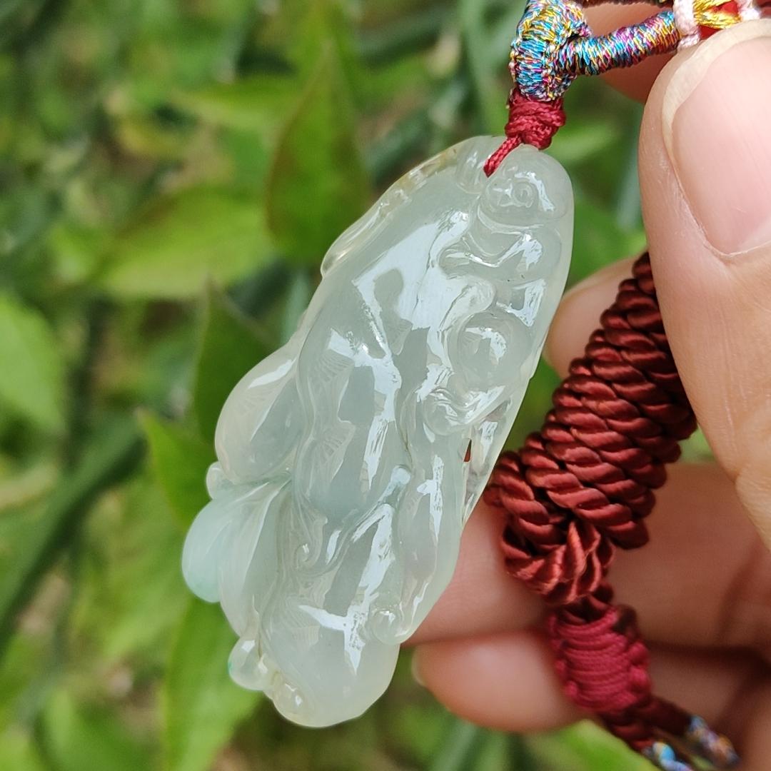 Icy with good translucent glossy texture Natural Type A Jadeite Pendant Necklace, Crafted with Monkey on Chayote symbols of Golden Monkey Brings Longevity and Double Blessings, certificate included weigh 16.84 grams, 44 * 21.3 * 11.8 mm, collectible jade