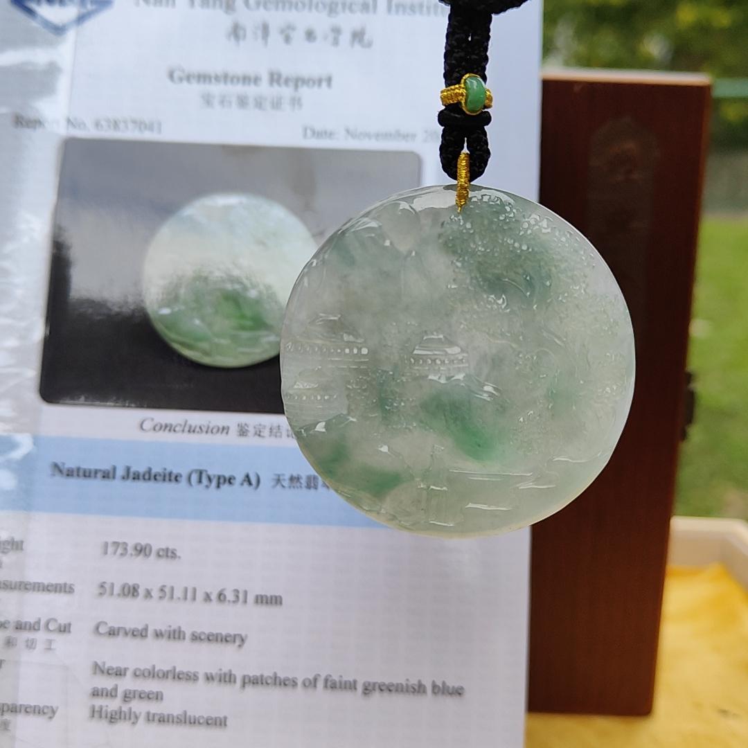 Natural Type A Jadeite carved with beautiful scenery - [51.08 * 51.11 * 6.31 mm] - Weight = 173.9 grams , premium pendant - Highly Translucent , faint greenish blue and green , NGI Certification (pendant155)