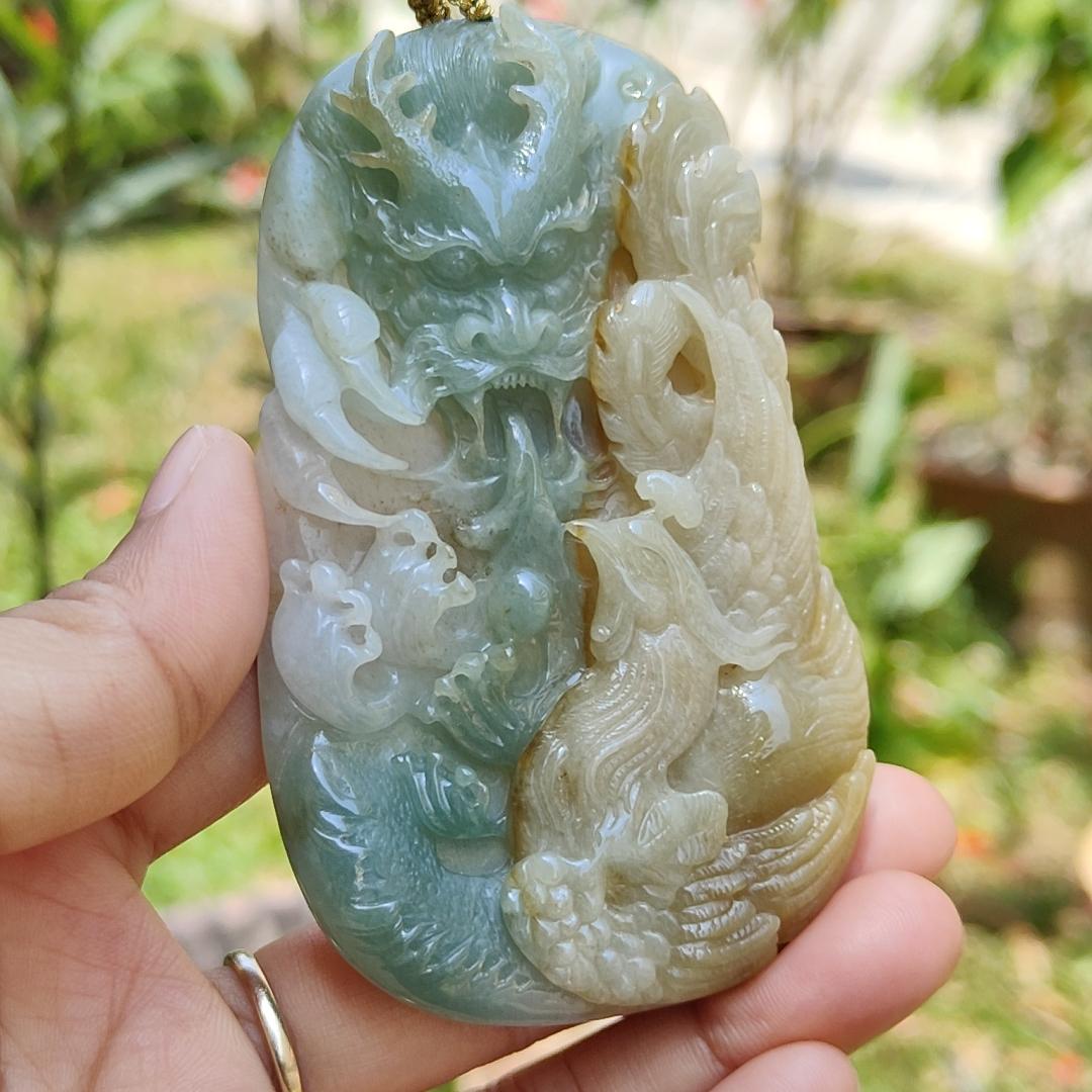 Light Green and Yellow Natural Type A Jadeite Jade Crafted with Dragon and Pheonix as Pendant, Certificate weigh 96.95 grams, measurement 90.2 * 55.7 * 11.5 mm (pendant222)