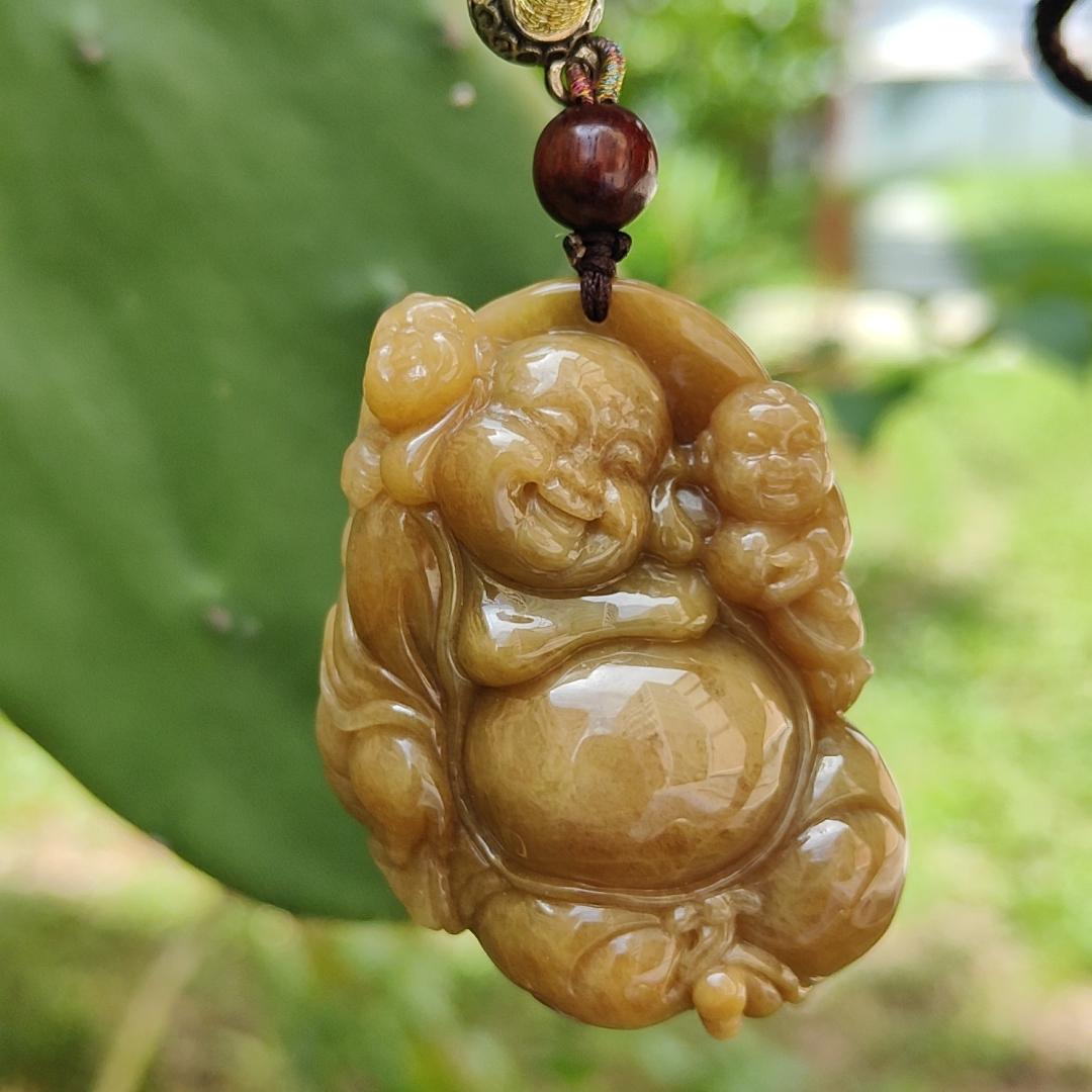 Rare Full Brown Natural Type A Jadeite Pendant crafted as Milo with two kids means Happiness for the family and Longevity, wealth and health, with certificate weighs at 61.27 grams, 48.50 * 41 * 21.60 mm (pendant110)