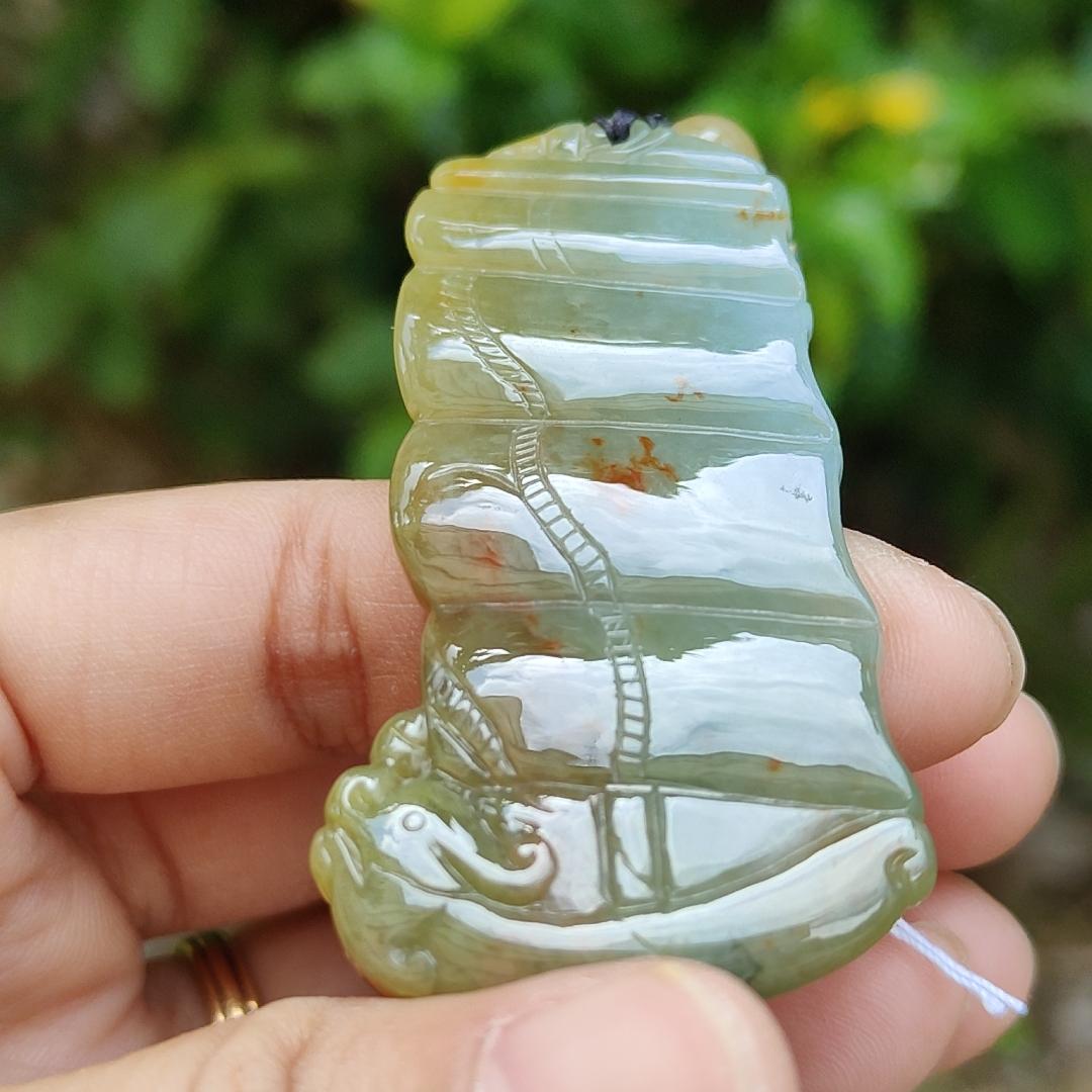 Floating Red and Tea Yellow Natural Type A Jadeite Pendant crafted as Sailboat meaning Smooth sailing in everything, persistence and courage, with certificate weight 18.88 grams, 58.50 * 30.80 * 6.20 mm (pendant109)