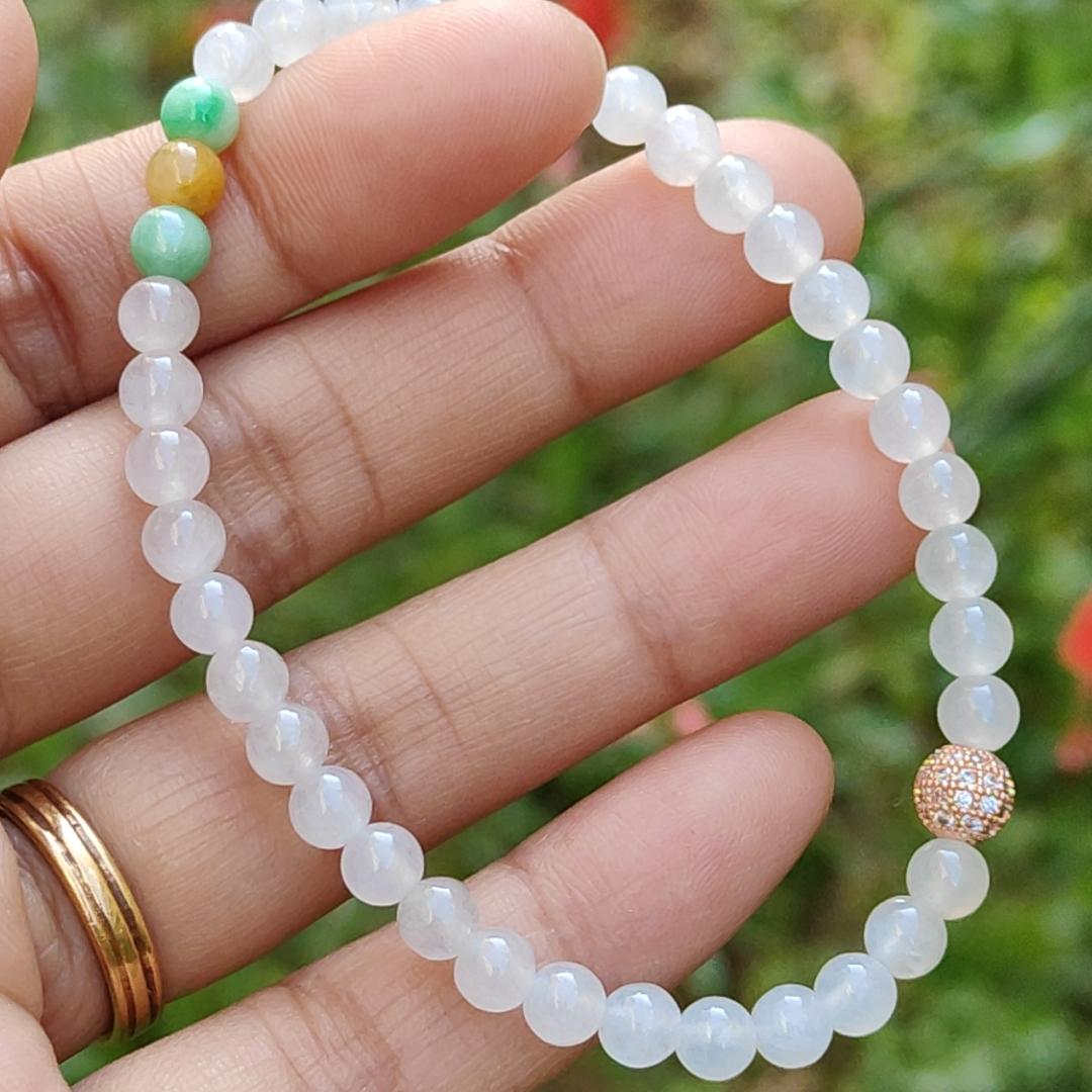 Icy Translucent beads, mix with 2 green 1 yellow Natural Type A Jadeite Bracelet, total of 38 beads with GIC labs approved certificate weigh 8.43 grams, measurement 4.8 mm, a stunning collection for your daily wear (bracelet3)