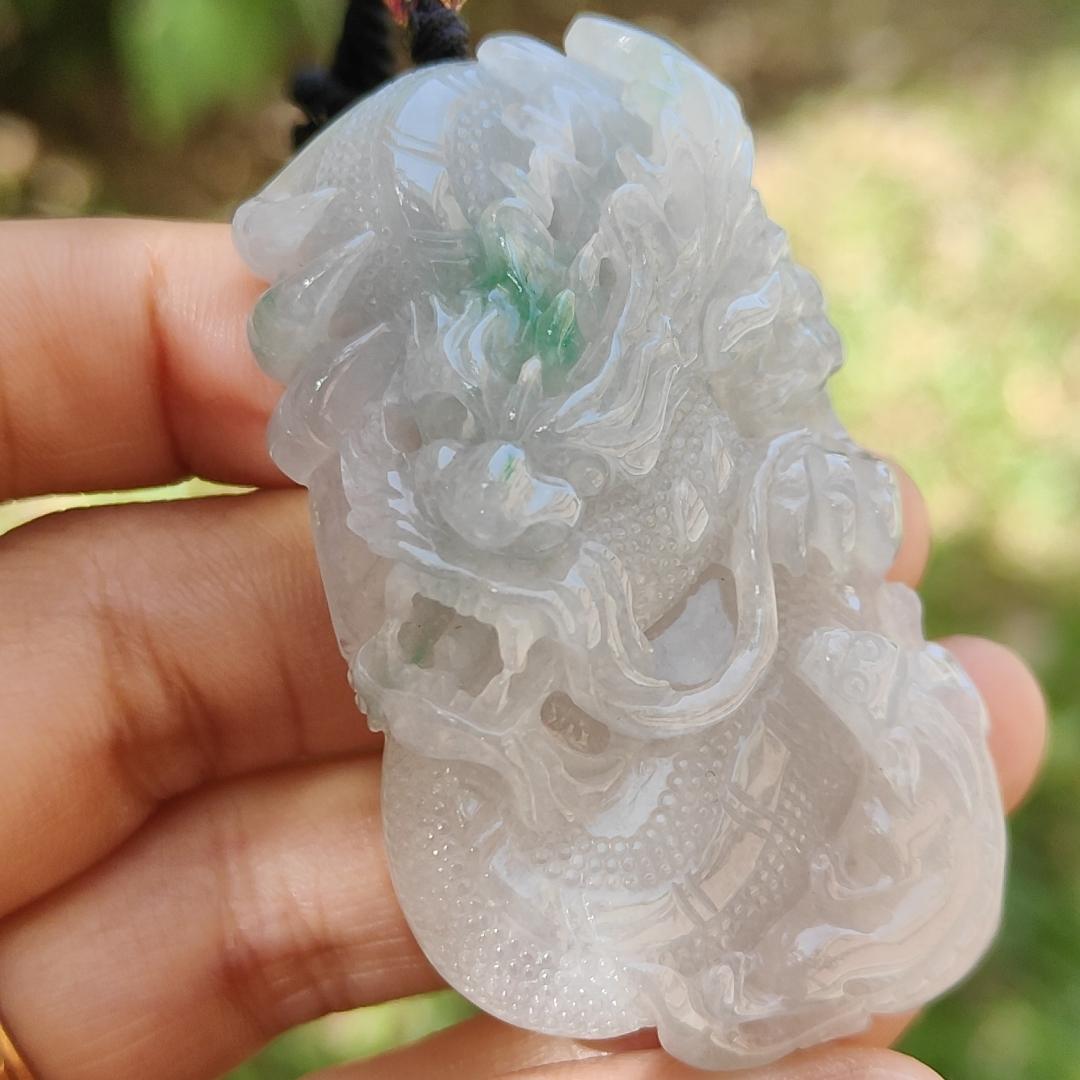 High Quality Semi Icy Translucent Light Green Light Lavender Natural Type A Jadeite Jade crafted with Dragon as Pendant, certificate weighs 35.24 grams, measurement 55.7 * 33.3 * 13.3 mm (pendant264)