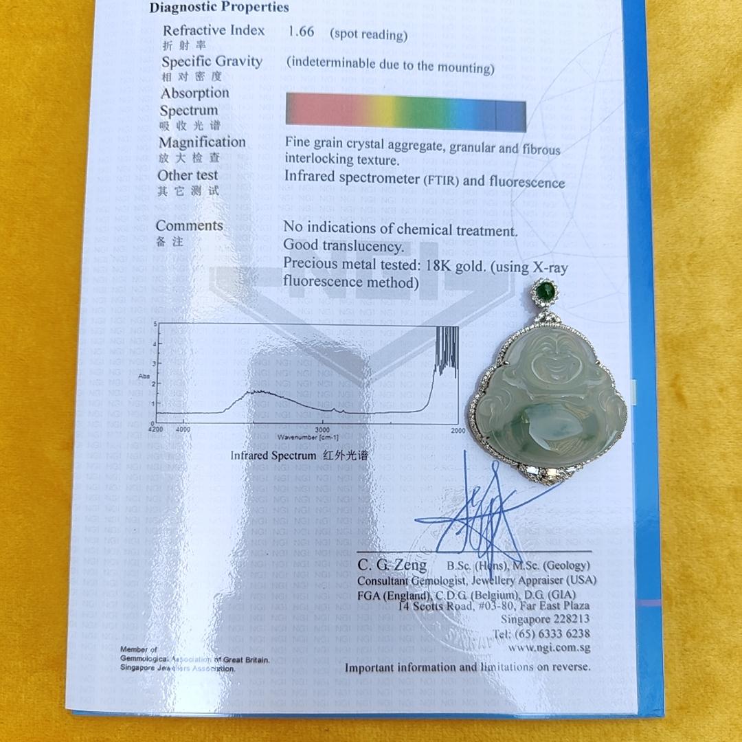 18k Gold pendant Setting with diamonds, 1 small green cabochon and floating flower cloud highly translucent Natural Type A jadeite with NGI Gemstone report weight 15.49 grams, 33.47 * 36.01 * 6.65 mm , 18k gold tested x-ray fluorescence method (18kp4)