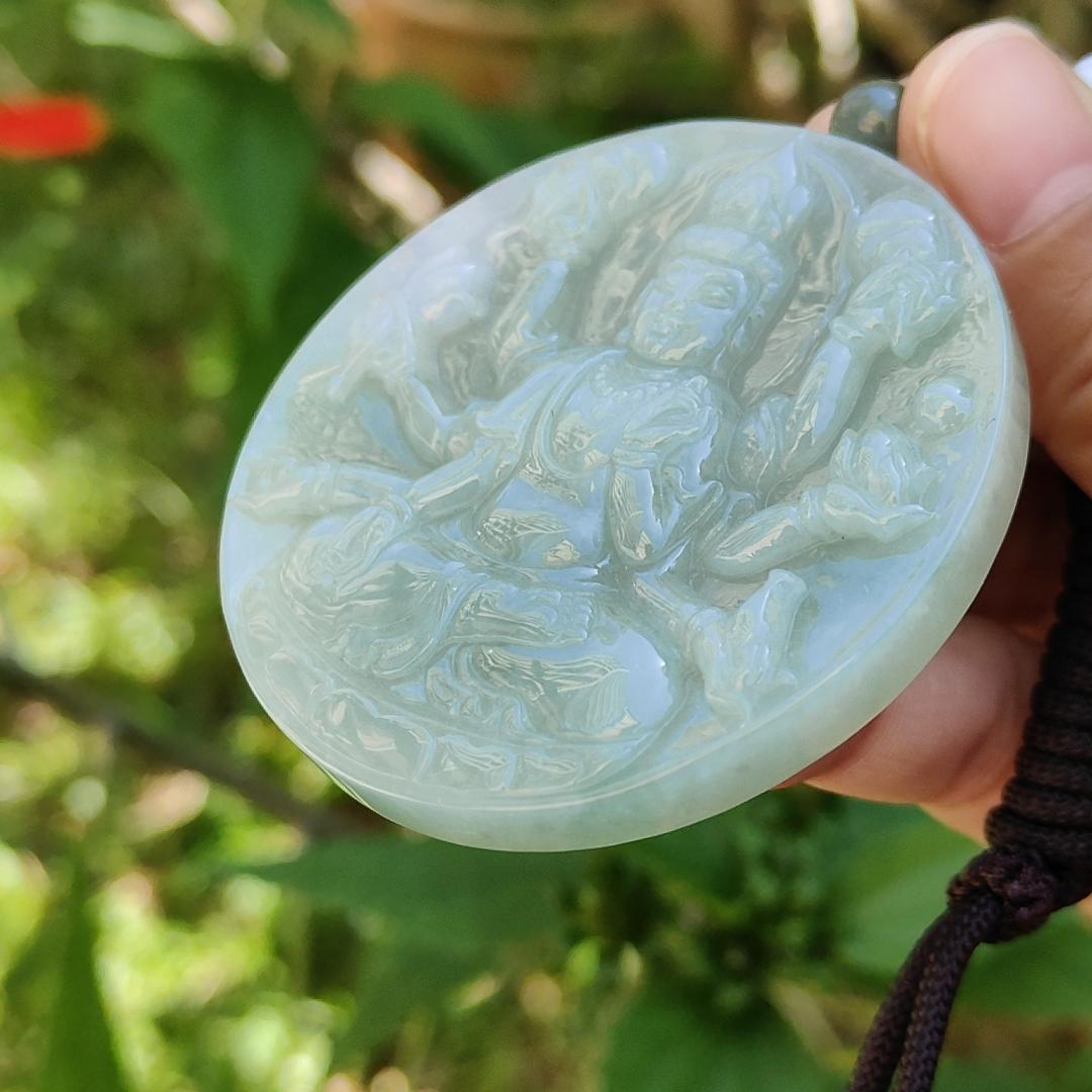 Light Green Natural Type A Jadeite Pendant Necklace crafted as Thousand Hands Guanyin with certificate weigh 48.82 grams, 57.6 * 57.6 * 7.2 mmsymbols of Eliminate obstacles and resolve all disasters, peace and auspiciousness for daily wear (pendant43)