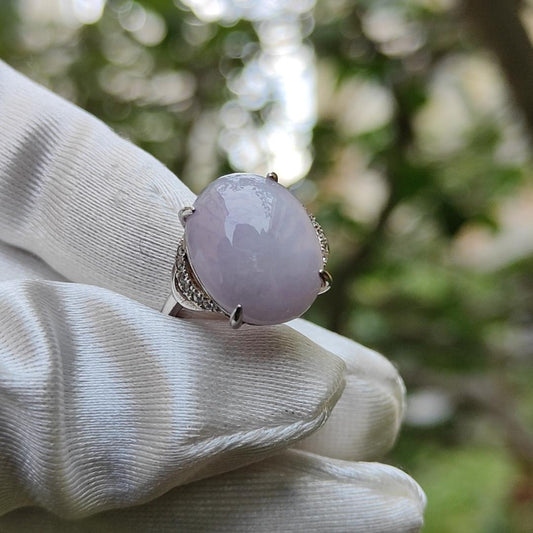 S925 Setting with Lavender Cabochon 15.6 * 12.3 * 5.2 mm Natural Type A Jadeite Jade Ring with certificate weigh 3.23 grams, finger size adjustable (s925ring4)