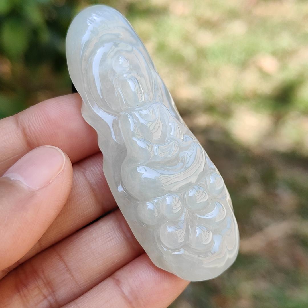 High Quality Light Green Hue Natural Type A Jadeite Jade crafted with Faceless Guanyin as Pendant, Certificate weighs 33.26 grams, measurement 63.8 * 23.6 * 12.2 mm (pendant237)