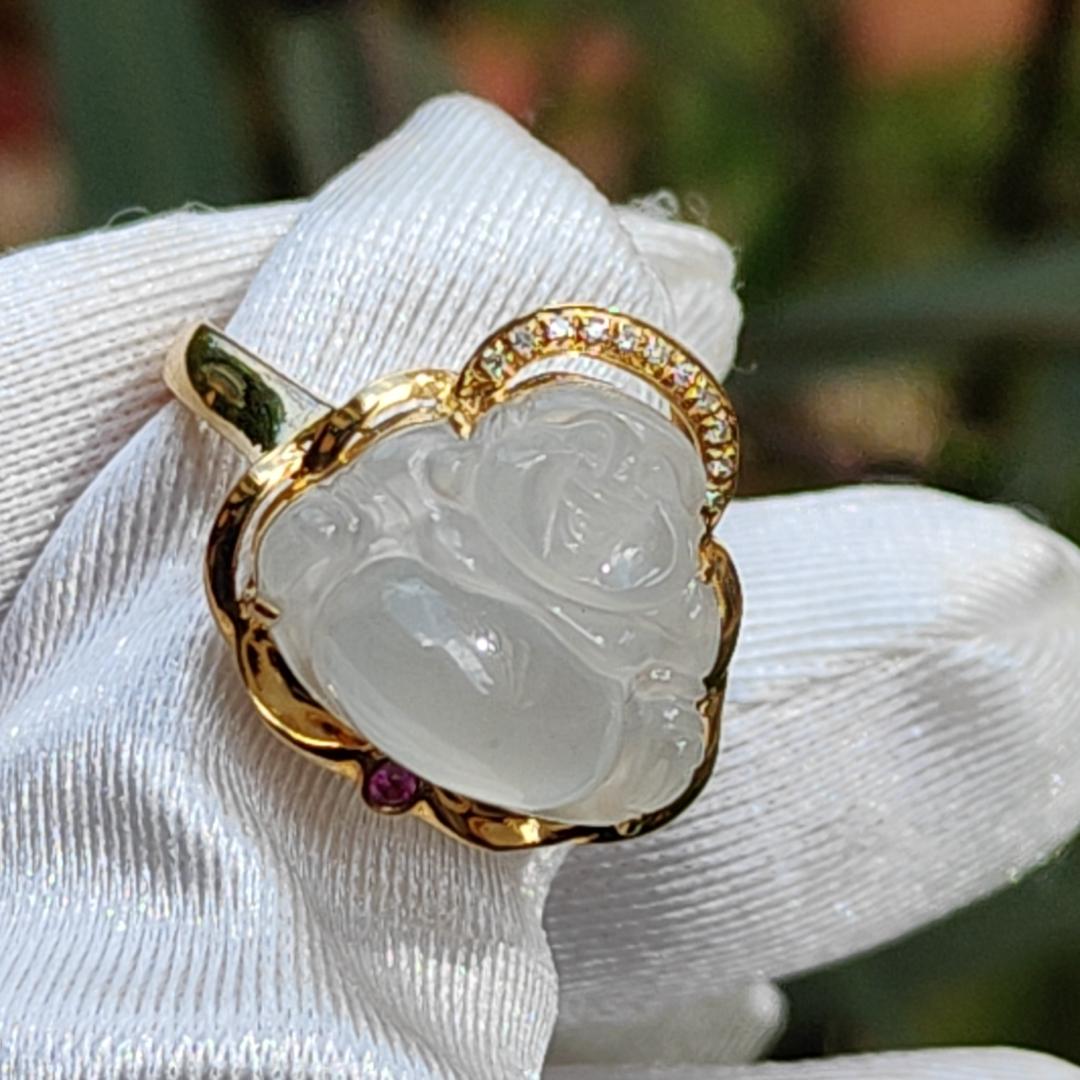 Premium Rare old pit Icy Natural Type A Jadeite Cabochon crafted as Laughing Buddha setting on G18K Gold as Ring with finger size 17.6mm, Certificate included weigh 3.23 grams, Jade measurement 12.8 * 14.8 * 4.1 mm (18kring5)