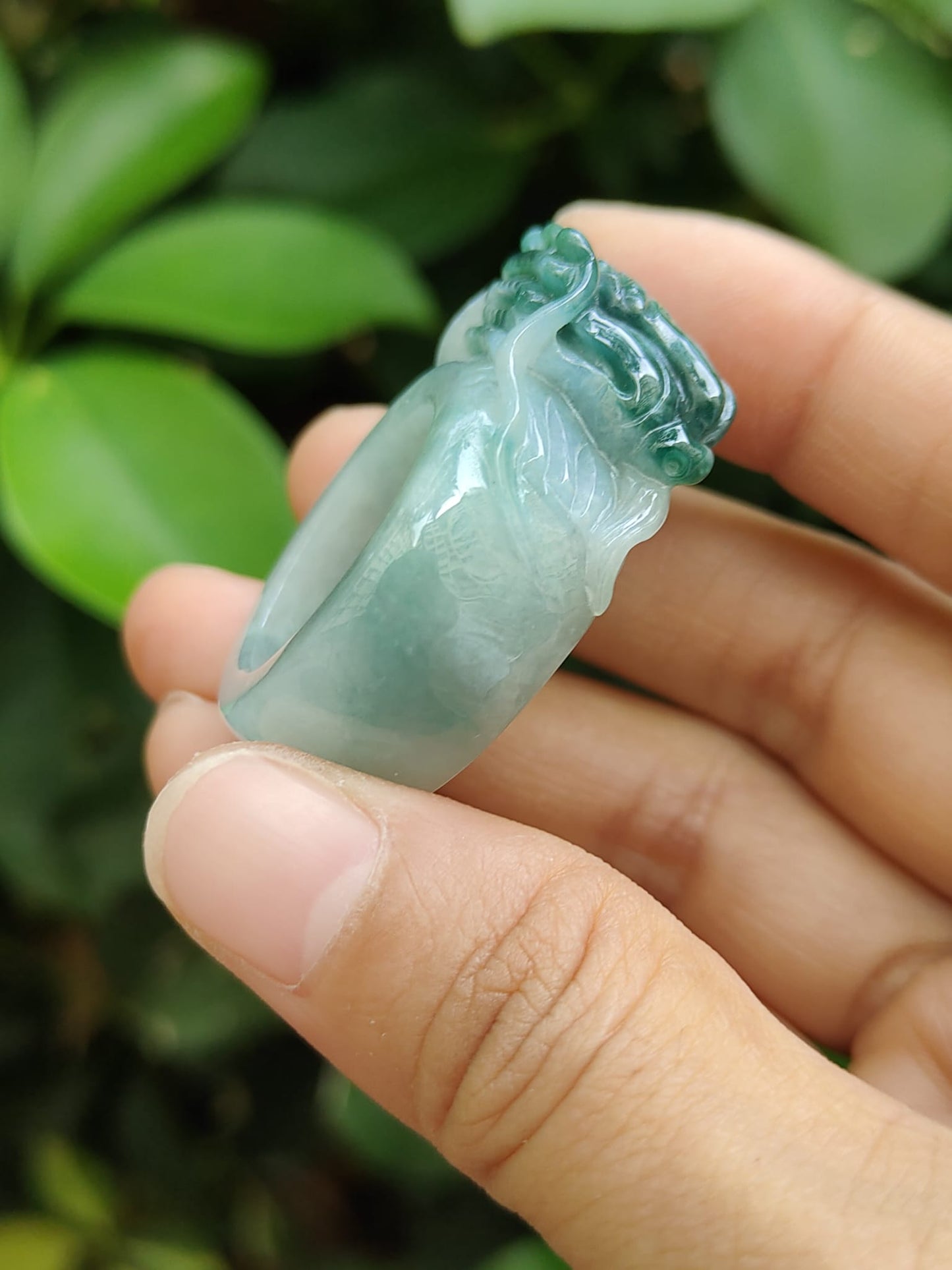 #Sold - Green with Green Hue Natural Type A Jadeite Jade crafted as Ring with Dragon, finger ring size 20.9 mm, certificate weighs 25.31 grams(ring9)