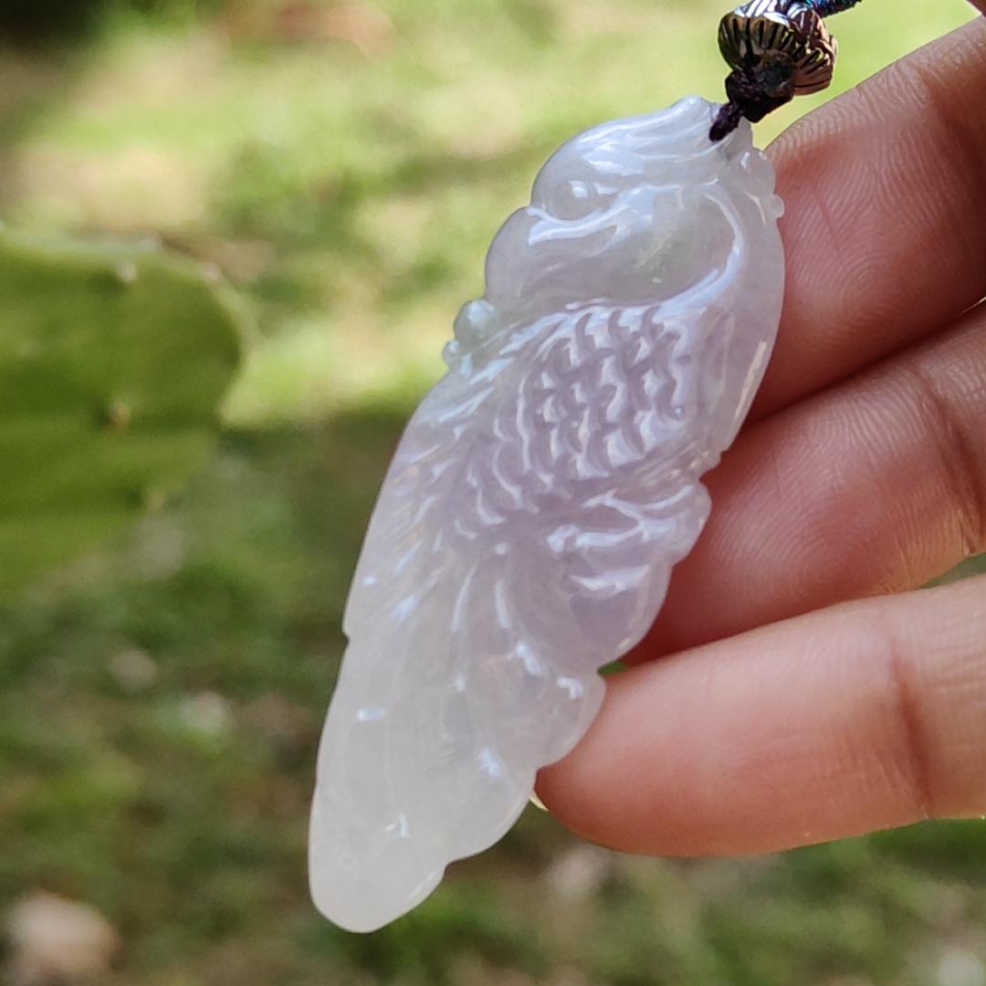 Rare Pinkish Light Lavender Hue Natural Type A Jadeite Pendant Necklace crafted as Parrot symbols of Wise and brave, heroic with certificate weigh 11.33 grams, 51.3 * 17.8 * 8.6 mm, mid-year offer and suitable for daily wear or collections (pendant28)