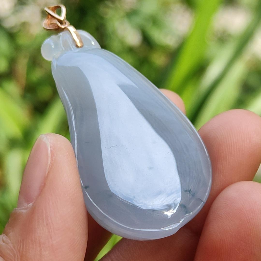 High Quality Light Lavender with Light Green Natural Type A Jadeite Jade crafted as shape of Fugua set with 18k Gold Clasp as Pendant, certificate weighs 23.61 grams, measurement 44.8 * 25.2 * 12 mm (18kp47)