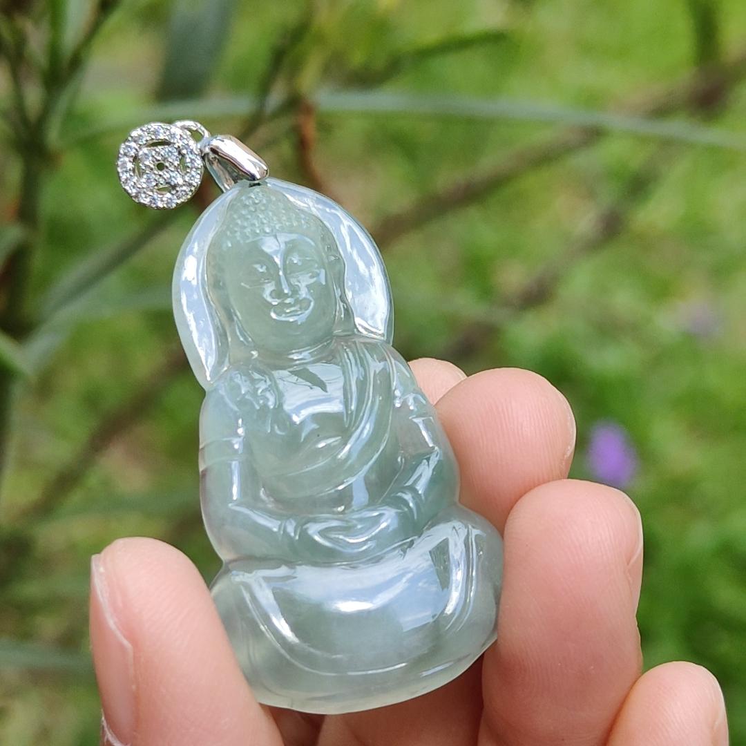 Premium Icy Good Translucency Green Hue Natural Type A Jadeite Pendant Necklace crafted as Buddha with certificate weigh 8.65 grams, 42.5 * 23.8 * 5.8 mm, collectible jadeite suitable for daily wear