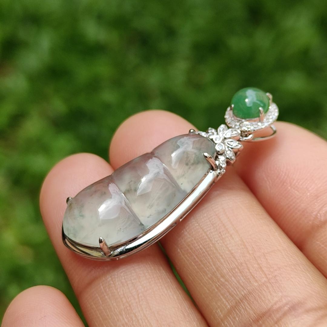 Premium Icy Translucent Natural Type A Jadeite Jade crafted as Four Seasons Fortune Beans set on 18k gold with 1 green cabochon and diamonds, certificate include weigh 3.86 grams, measurement 36.7 * 12.5 * 7mm (18kp14)