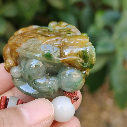 Super Rare Green and Brown Natural Type A Jadeite Jade crafted with Vermilion bird as pendant with certificate weigh 59.21 grams, measurement 45.8 * 32 * 27.3 mm (pendant231)