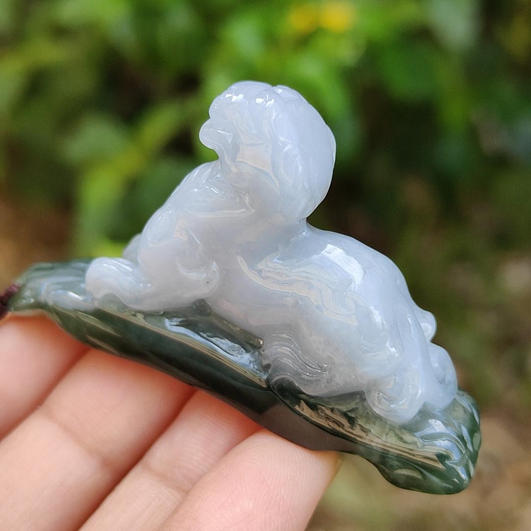 Lavender and Green Natural Type A Jadeite Handheld Piece crafted with Pixiu meaning rich, happiness and good luck with certificate weight 29.97 grams, 61.30 * 10.70 * 34.60 mm, also suitable for display anywhere at home, car or office (hand1)