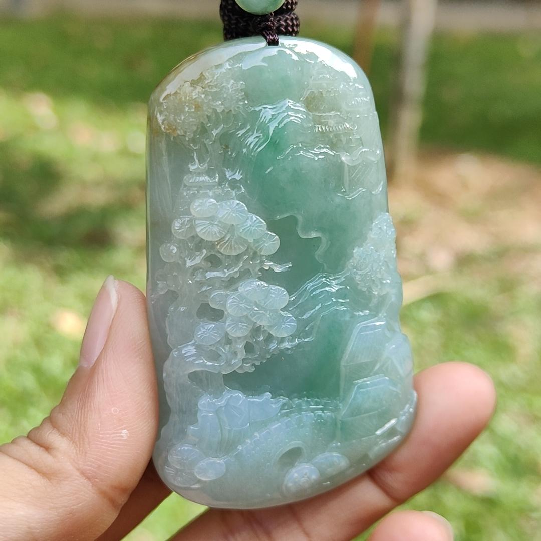 High Quality Light Green with Yellow Natural Type A Jadeite Jade crafted with sceneries as Pendant, certificate weighs 78.02 grams, measurement 66.1 * 40.5 * 13.3 mm (pendant280)