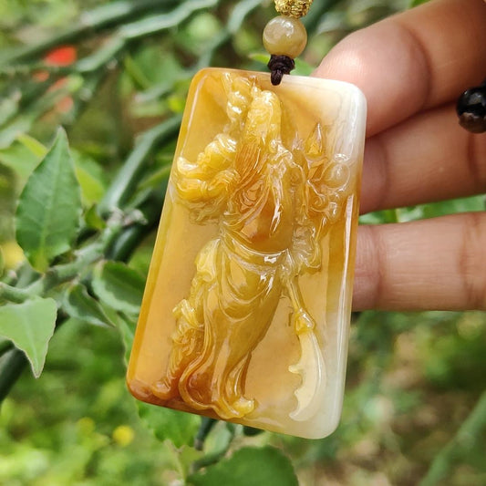 Rare Old Yellow with Red Natural Type A Jadeite Pendant Crafted with Guan Gong come with ceritificate weight 24.70 grams, 49.7 * 32 * 8 mm for Guan Gong collectors (pendant118)