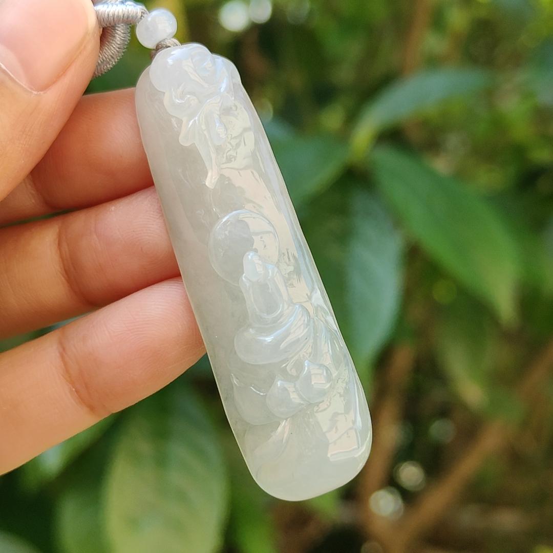 Semi Translucent Icy Natural Type A Jadeite Pendant carved with faceless buddha and lotus meaning Compassion and Wisdom , QIC labs approved certificate included weight 16.56 grams, 55.50 * 16.10 * 8.80 mm, very suitable for daily wear (pendant95)