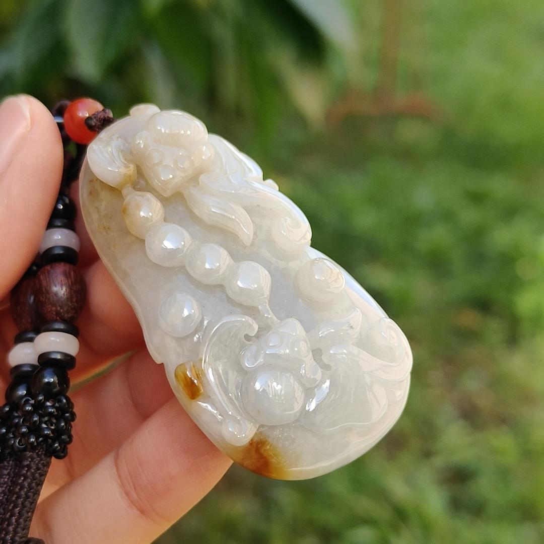 Another Excellent Old Collection with Yellow and Green Natural Type A Jadeite Jade Pendant Necklace crafted as Gourd with two bats with certificate weigh 34.42 grams, 55.5 * 29.5 * 12.3 mm (pendant173)