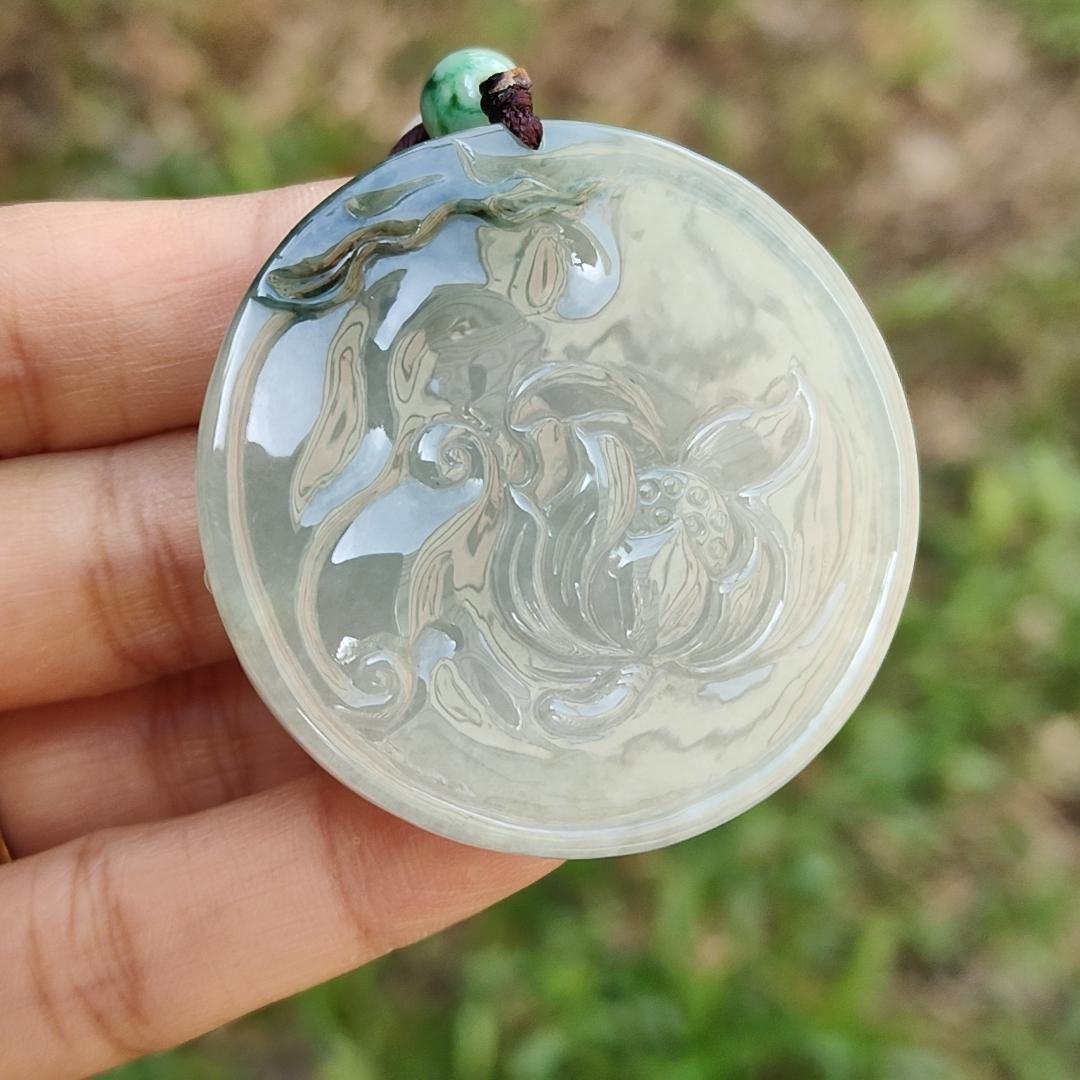 Light Green with Bluish Green Natural Type A Jadeite Pendant Necklace crafted with Guanyin Symbols of Peace, auspiciousness and longevity, certificate included weighs 36.23 grams, 45.8 * 45.8 * 9.1 mm, suitable for daily wear (pendant56)