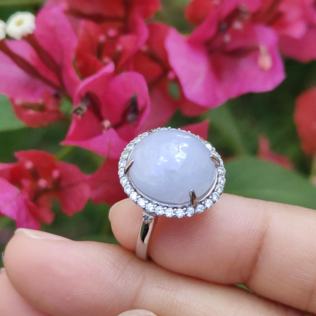 Lavender Cabochon set on S925 Silver adjustable ring Natural Type A Jadeite with QIC Labs approved certificate included weigh 3.99 grams, 13.8 * 12.3 * 5.7 mm suitable for all occasions (s925ring1)