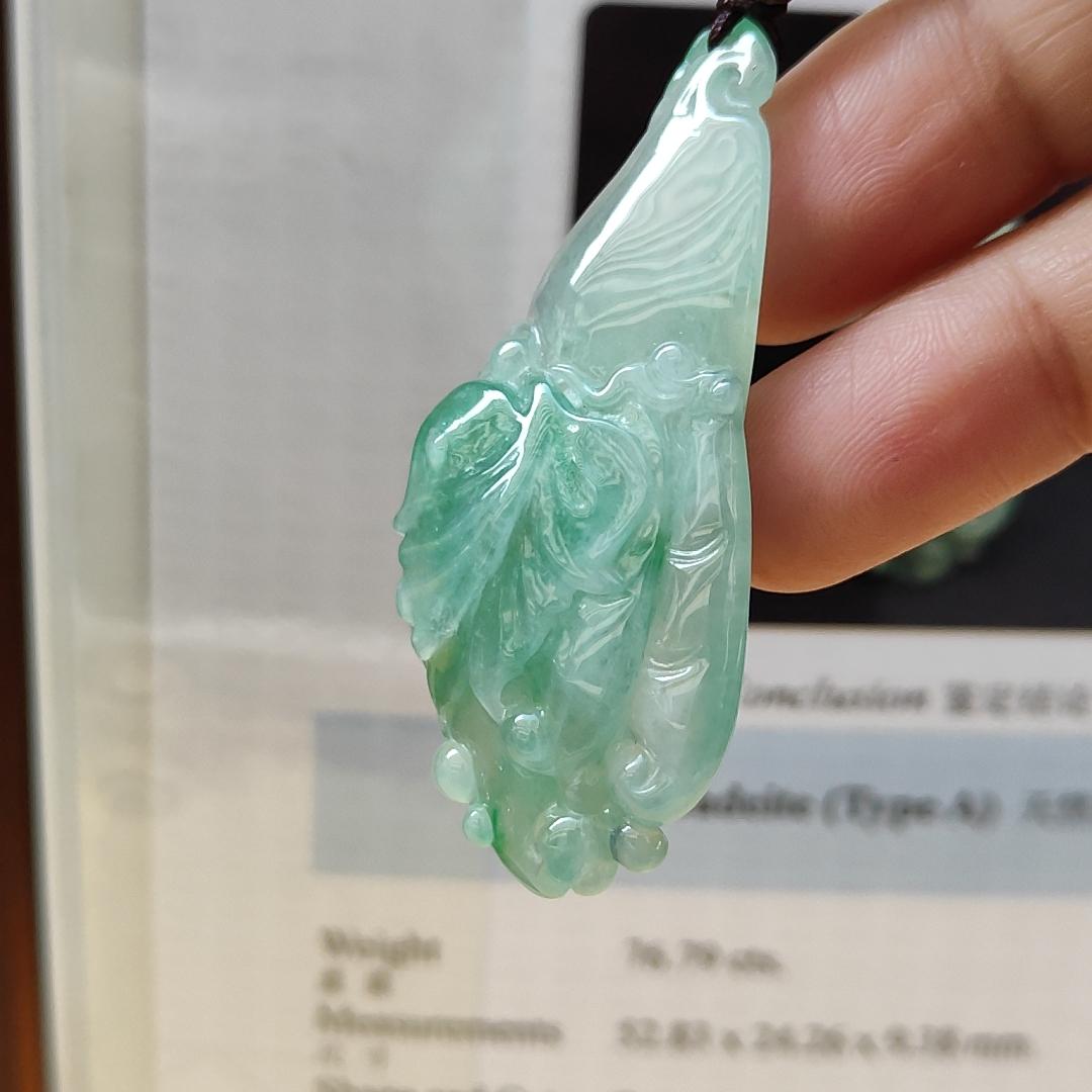 Very Beautiful Finger Citron Natural Type A Jadeite pendant jewelry  with NGI Gemstone report weight 76.79 grams 52.83 * 24.26 * 9.38 mm - Highly Translucent very fine grain with patches of light green suffused to a paler ground (pendant151)