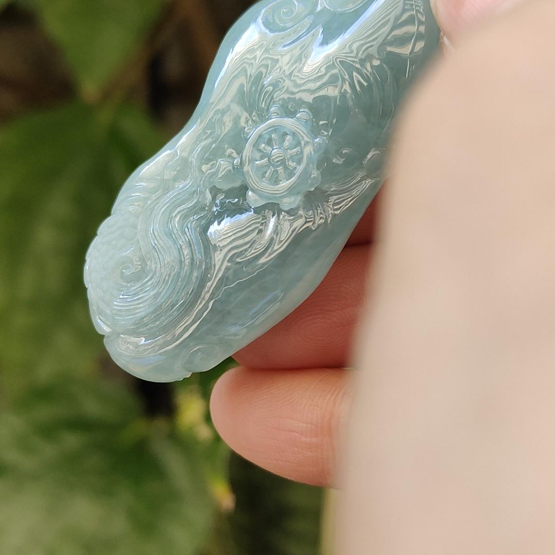 Natural Type A Jadeite Jewellery Pendant carved with dragon weighs at 30.06 grams , 50.32 * 23.30 * 12.93 mm - with Gemstone report from NGI - Very Good Translucency with faint greenish blue (pendant140)