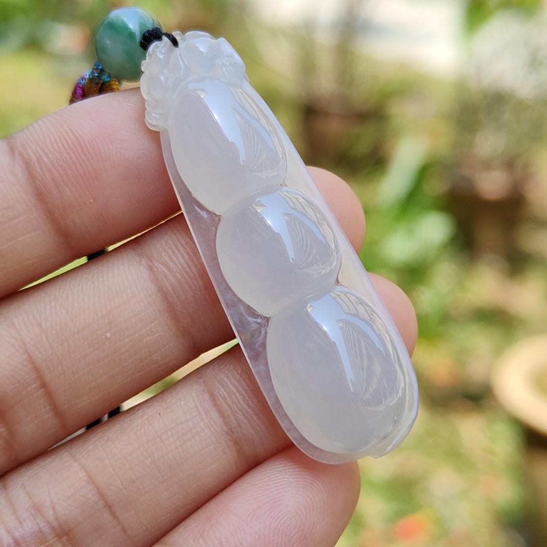 Rare Pure White Icy Translucent Natural Type A Jadeite Jade crafted with French Beans as Pendant Necklace, certificate weigh 8.4 grams, measurement 47.5 * 14.6 * 8.6 mm (pendant220)