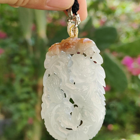 Carved with lizard, bat, peanut, coin and ruyi Natural Type A Jadeite Pendant with NGI Gemstone report weight 136.84 grams, 57.10 * 34.08 * 10.68 mm, Translucent near colorless with reddish brown patch, another good collection for collector (pendant132)