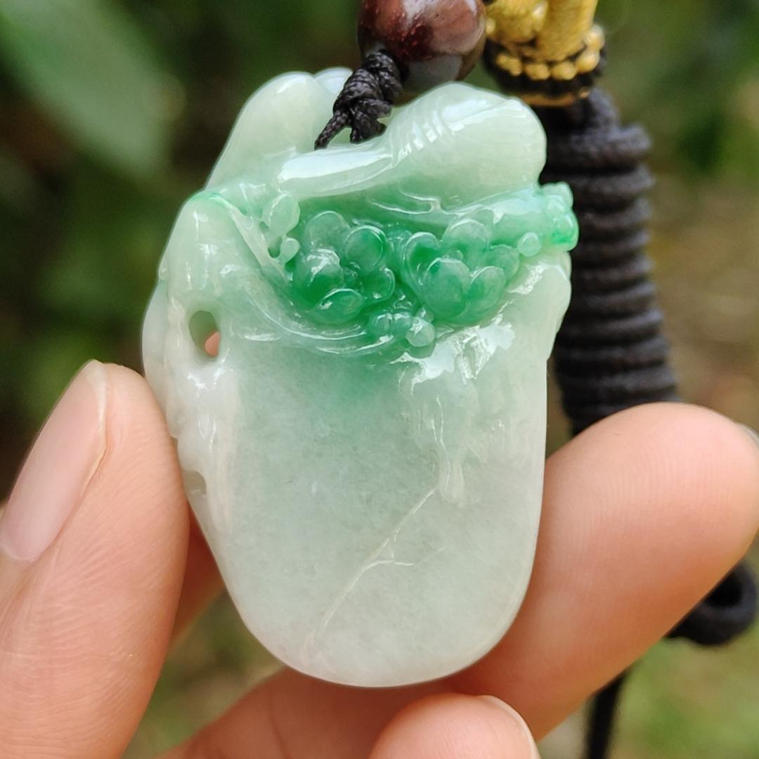 Beautifully crafted with birds and flower light green Natural Type A Jadeite Jade as Pendant, certificate weighs 18.63 grams, measurement 38.3 * 25.9 * 9.6 (pendant247)