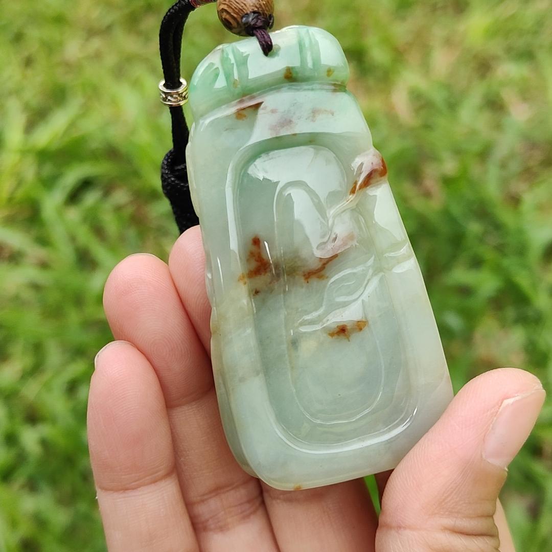 Green with Red Patches Natural Type A Jadeite Pendant Necklae Crafted with Old School Phoenix and ruyi with certificate weigh 50.24 grams, 67.7 * 35 * 11.8 mm, symbols of Good luck and a good life noble authority (pendant23)