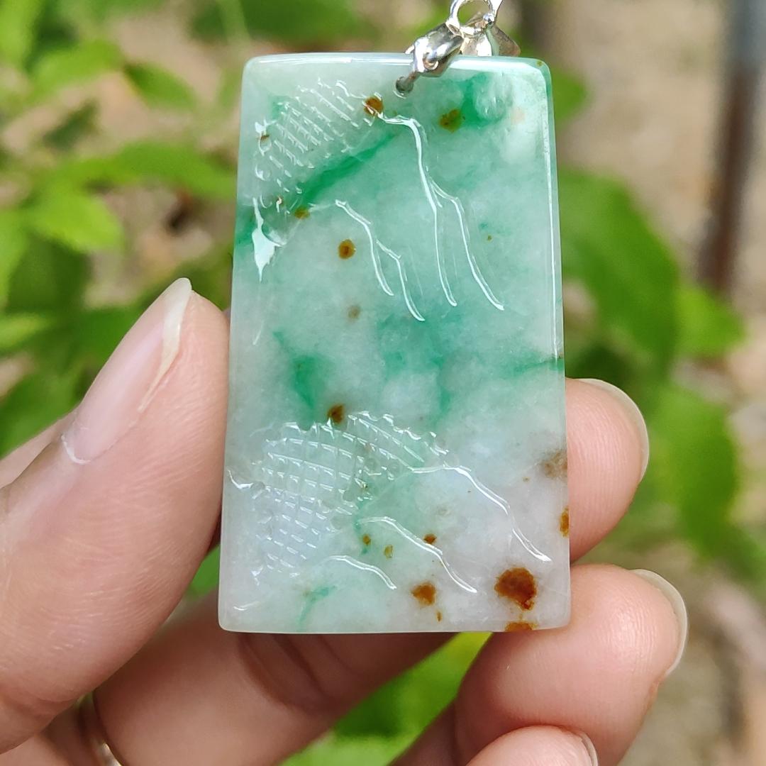 Good Quality Very Beautiful Light Green, Brown Natural Type A Jadeite Jade crafted with sceneries as Pendant, certificate weighs 9.72 grams, measurement 40 * 24.8 * 4.6 mm (pendant288)