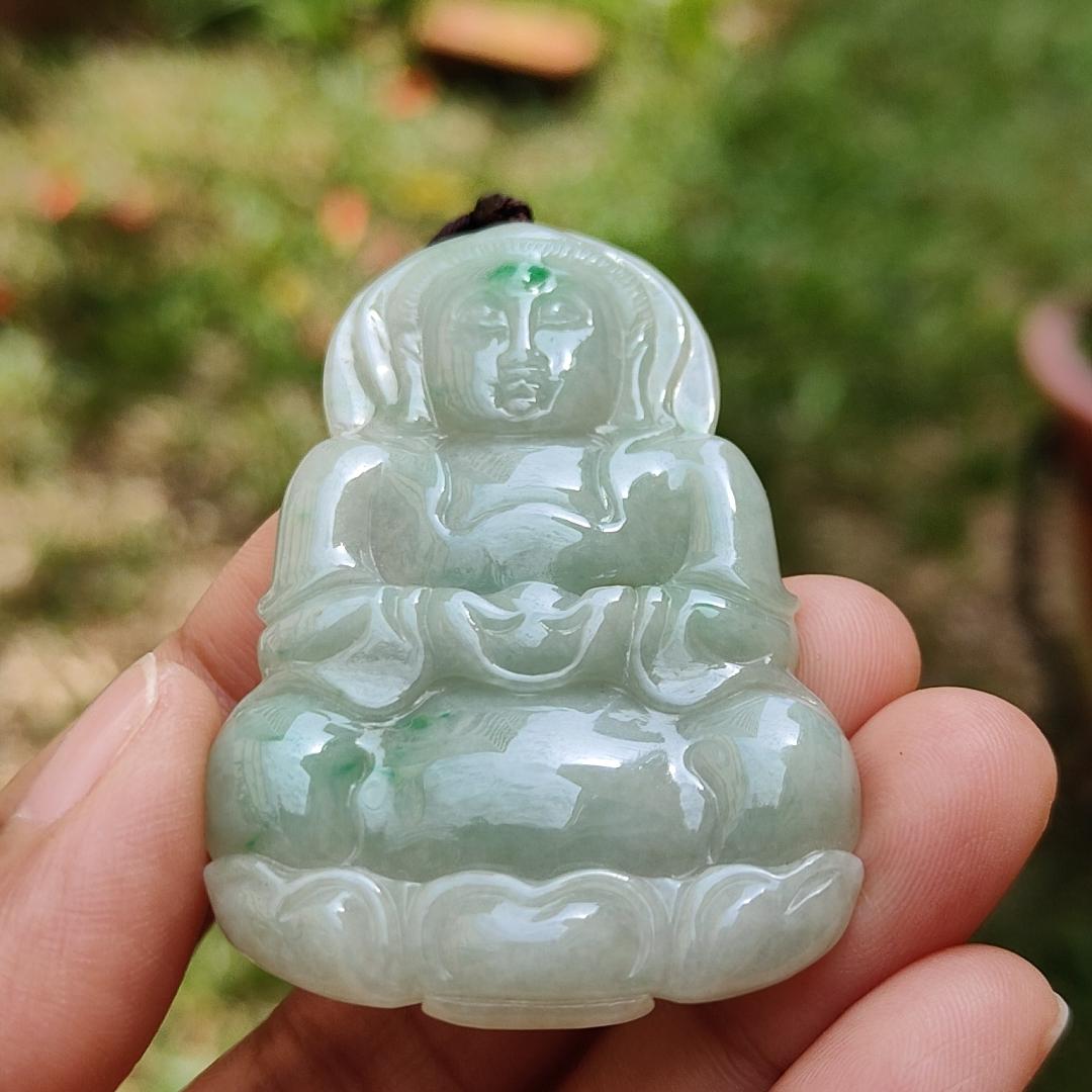 Light green with green patches Natural Type A Jadeite Jade crafted with Guanyin as Pendant with certificate weigh 17.28 grams, measurement 56.3 * 37.3 * 5.9 mm (pendant201)