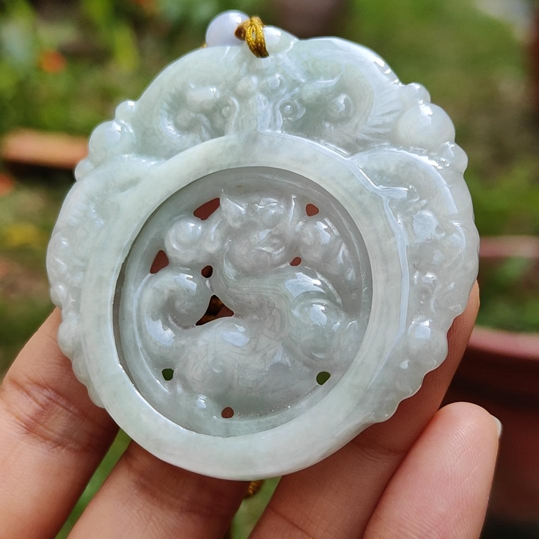 Light Green Hue Natural Type A Jadeite Jade Crafted with 3 Sheeps and Pixiu Hollow Old School Style as a Pendant with certificate weigh 30.99 grams, measurement 56.5 * 55.2 * 6 mm (pendant203)