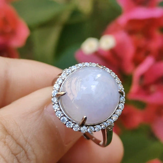 Lavender Cabochon set on S925 Silver adjustable ring Natural Type A Jadeite with QIC Labs approved certificate included weigh 3.99 grams, 13.8 * 12.3 * 5.7 mm suitable for all occasions (s925ring1)