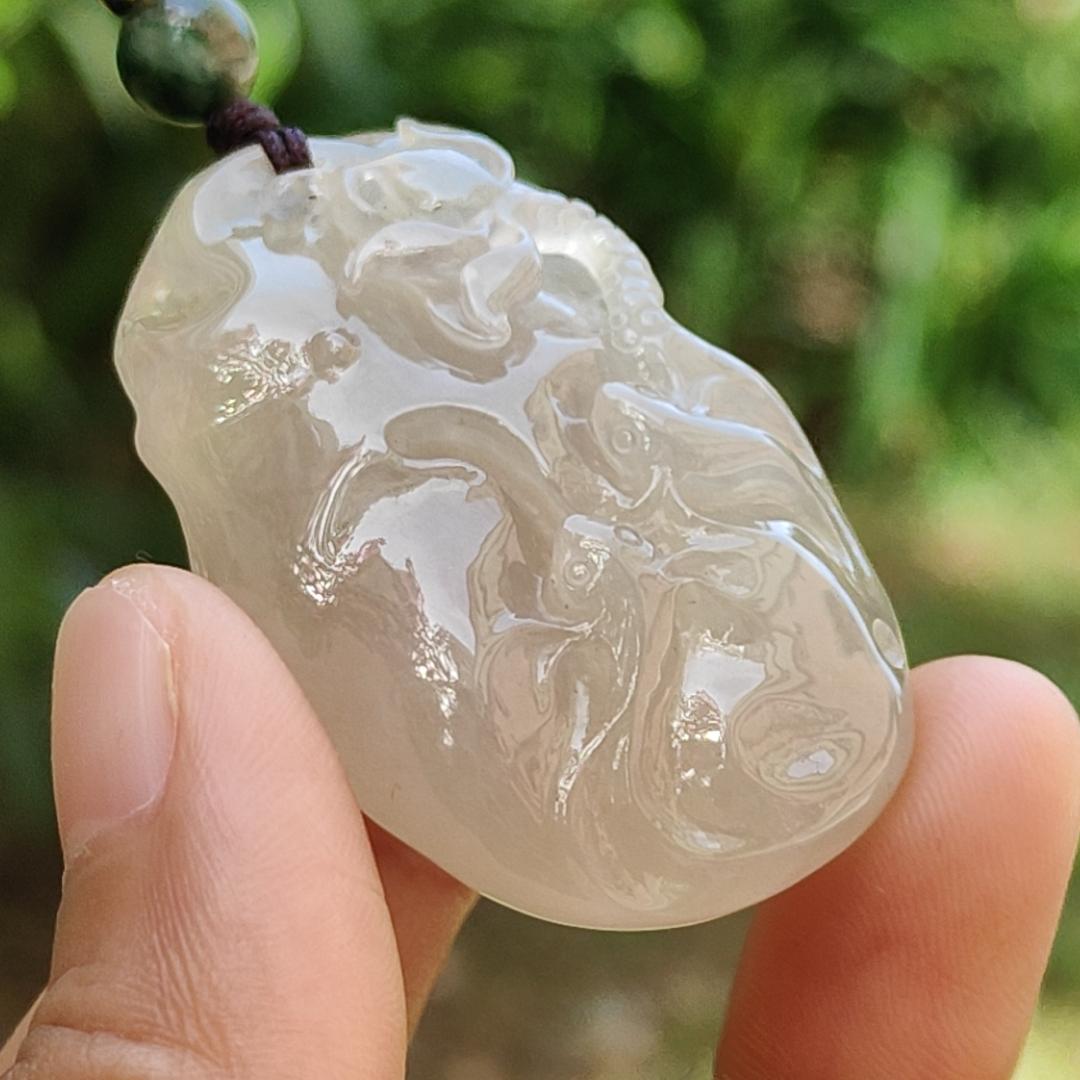 Premium High Quality Old Pit Natural Type A Jadeite Jade crafted with fish and Lotus as Pendant, certificate weigh 25.4 grams, measurement 44.2 * 28.5 * 12.3mm (pendant243)