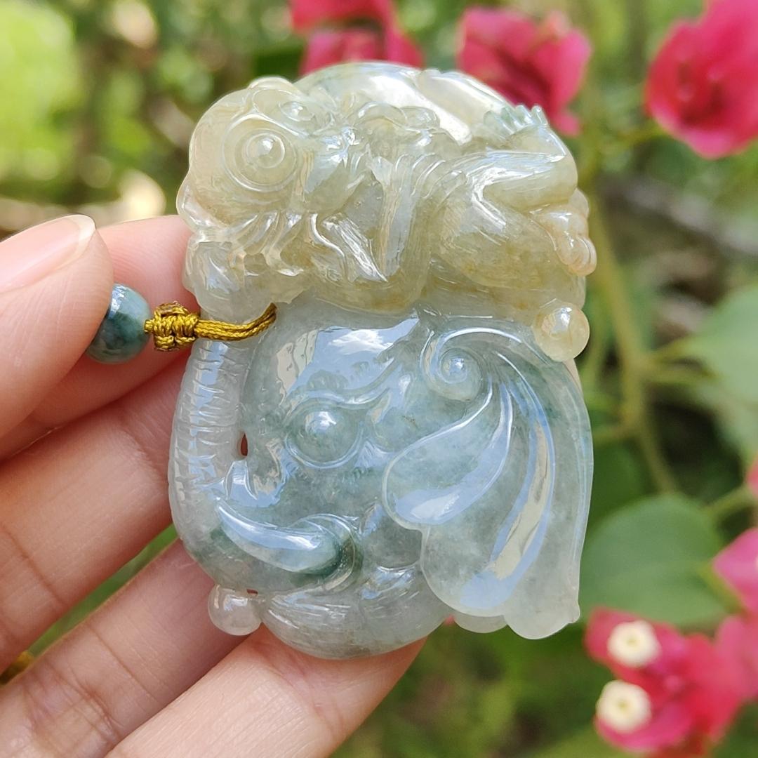 Light green and Yellow Natural Type A Jadeite Pendant, a rare collection carved with Monkey, Elephant and Ruyi, symbols of Wisdom, strength, authority, good luck and protection, certificate included weigh 47.85 grams, 55.7 * 36 * 13.8 mm (pendant74)