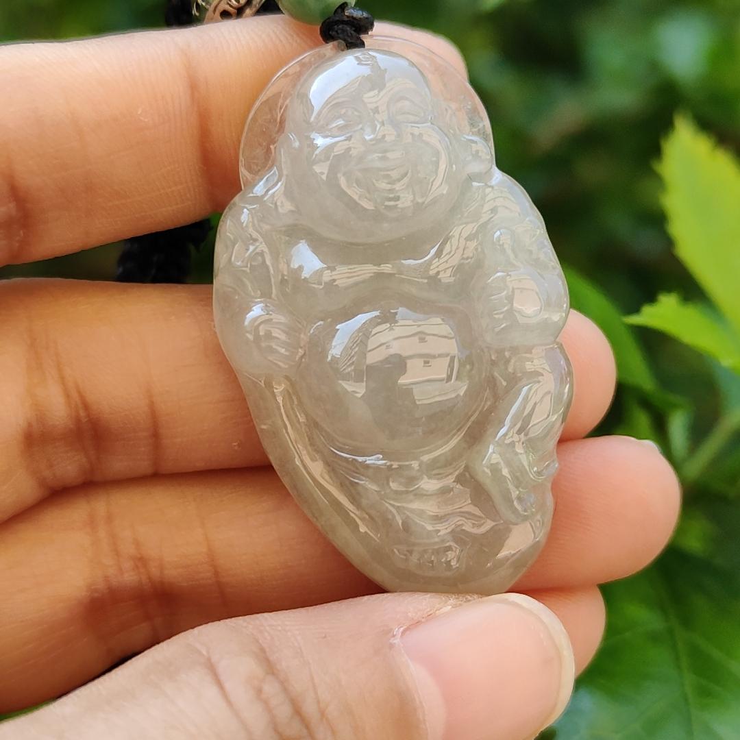 Semi Icy Milo Buddha Natural Type A Jadeite Pendant with certificate weighs 13.87 grams, 44.2 * 26.5 * 8.1 mm, milo represent The strength that can tolerate the things of the world represents the mind that can solve a thousand sorrows (pendant85)