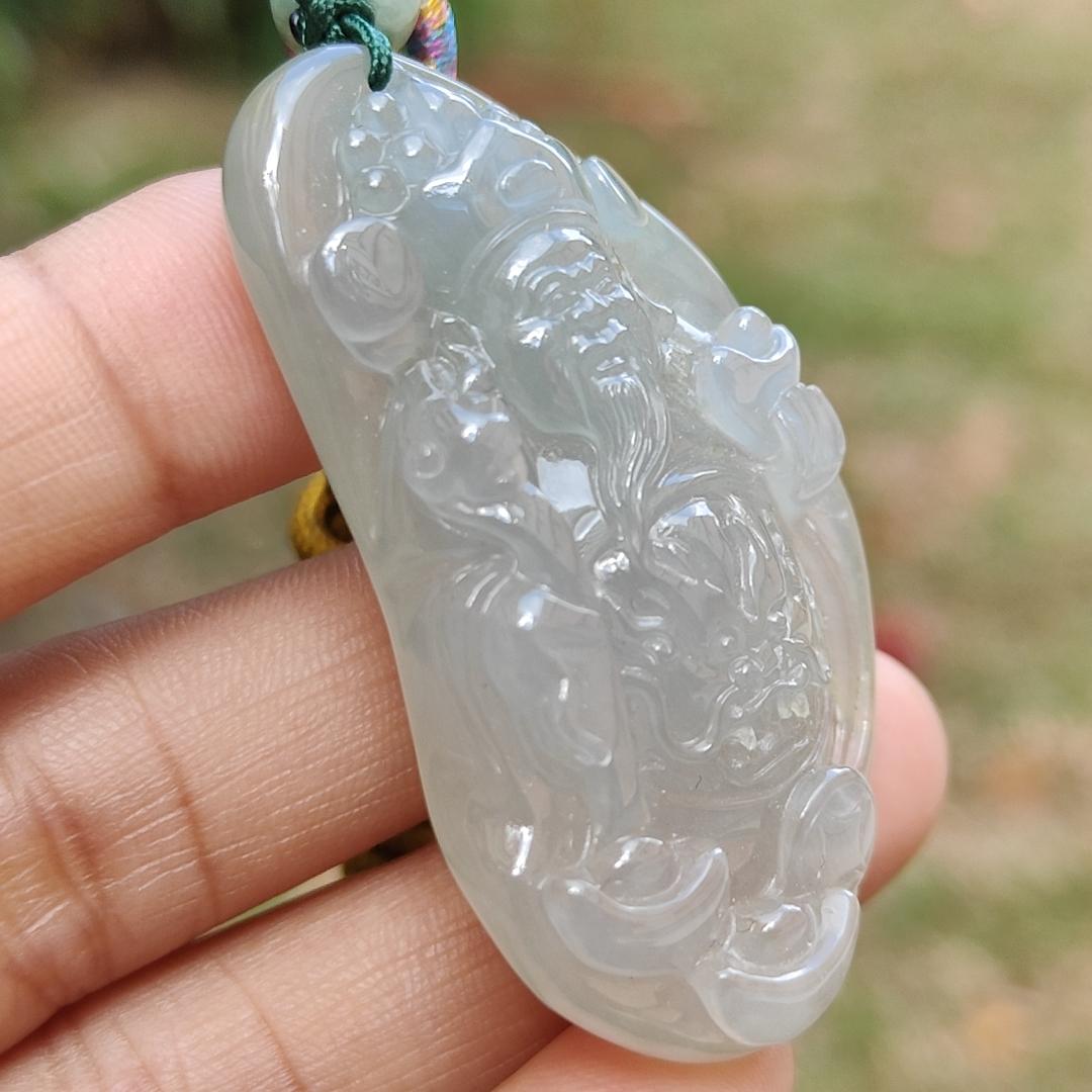 High Quality Icy Translucent Natural Type A Jadeite Jade crafted with God of Fortune as Pendant, certificate weighs 24.19 grams, measurement 48.8 * 27.3 * 10 mm (pendant274)